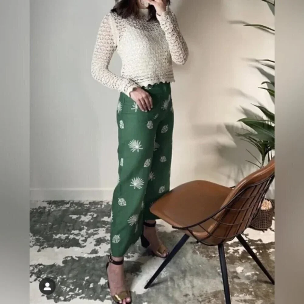 Zara Linen Khaki Wide Leg Palm Leaf Embroidered Culottes Pants Green Size Small